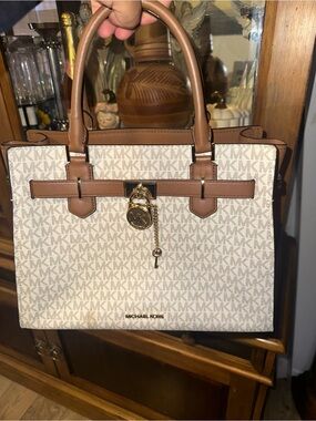 Michael Kors Beige and Brown Logo Satchel with Gold Hardware